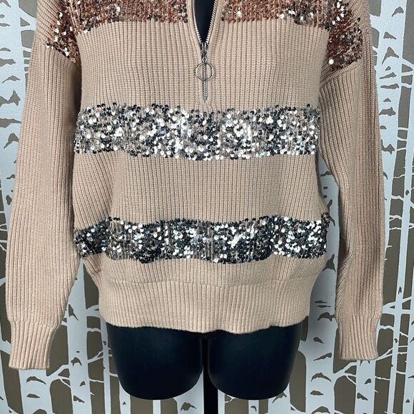 Nine West Mock Zip Neck Sequined Striped Sweater S Camel - Picture 9 of 9